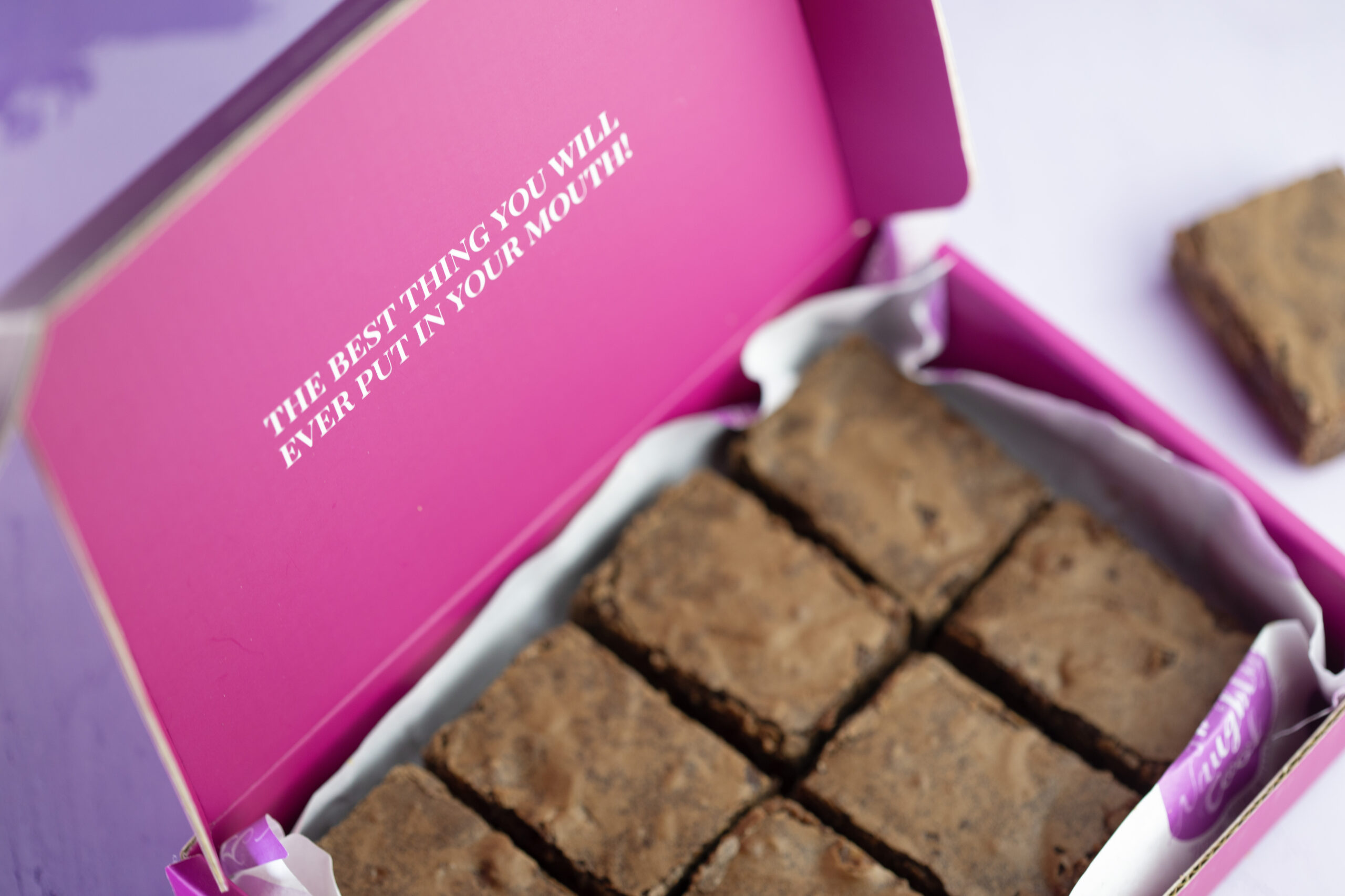Close-up Belgian chocolate Salted Fudge Brownie — rich, fudgy, award-winning texture