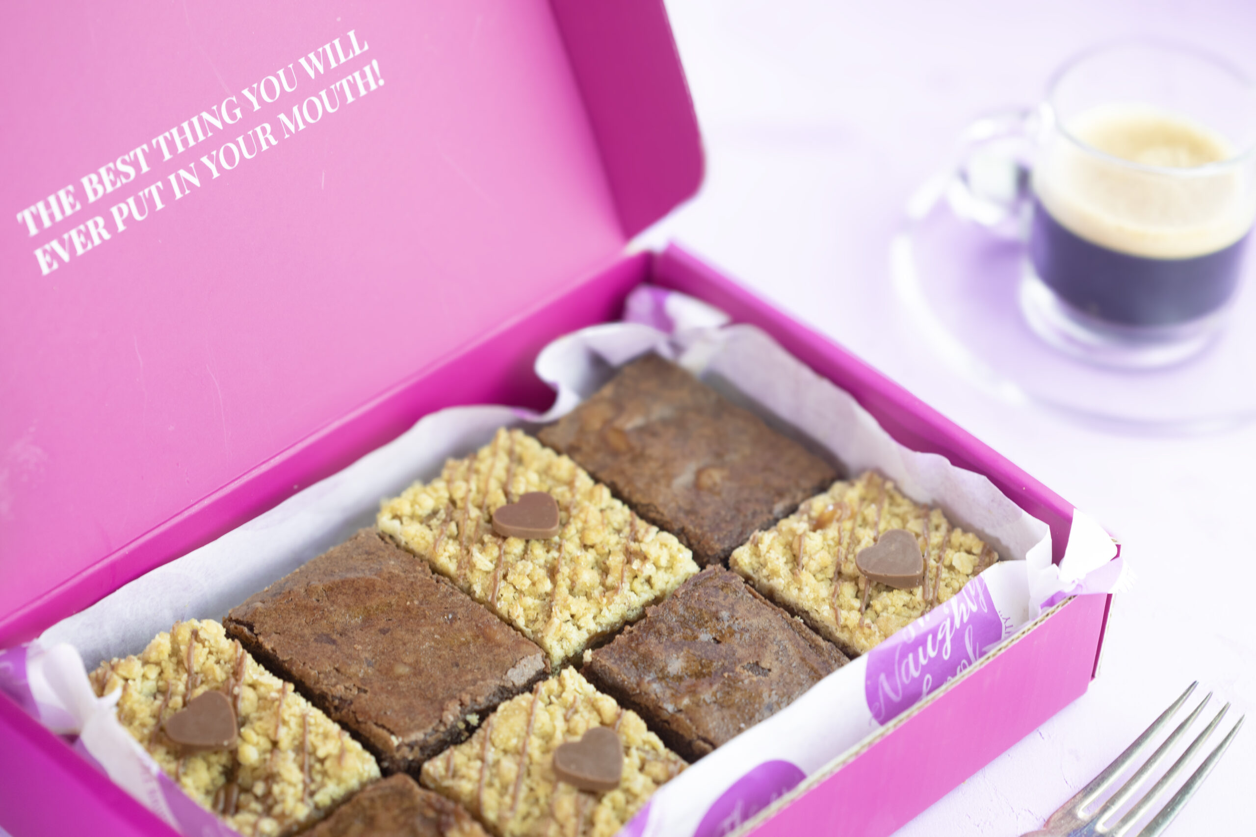 Premium packaged box of salted fudge brownies and triple chocolate crumbles