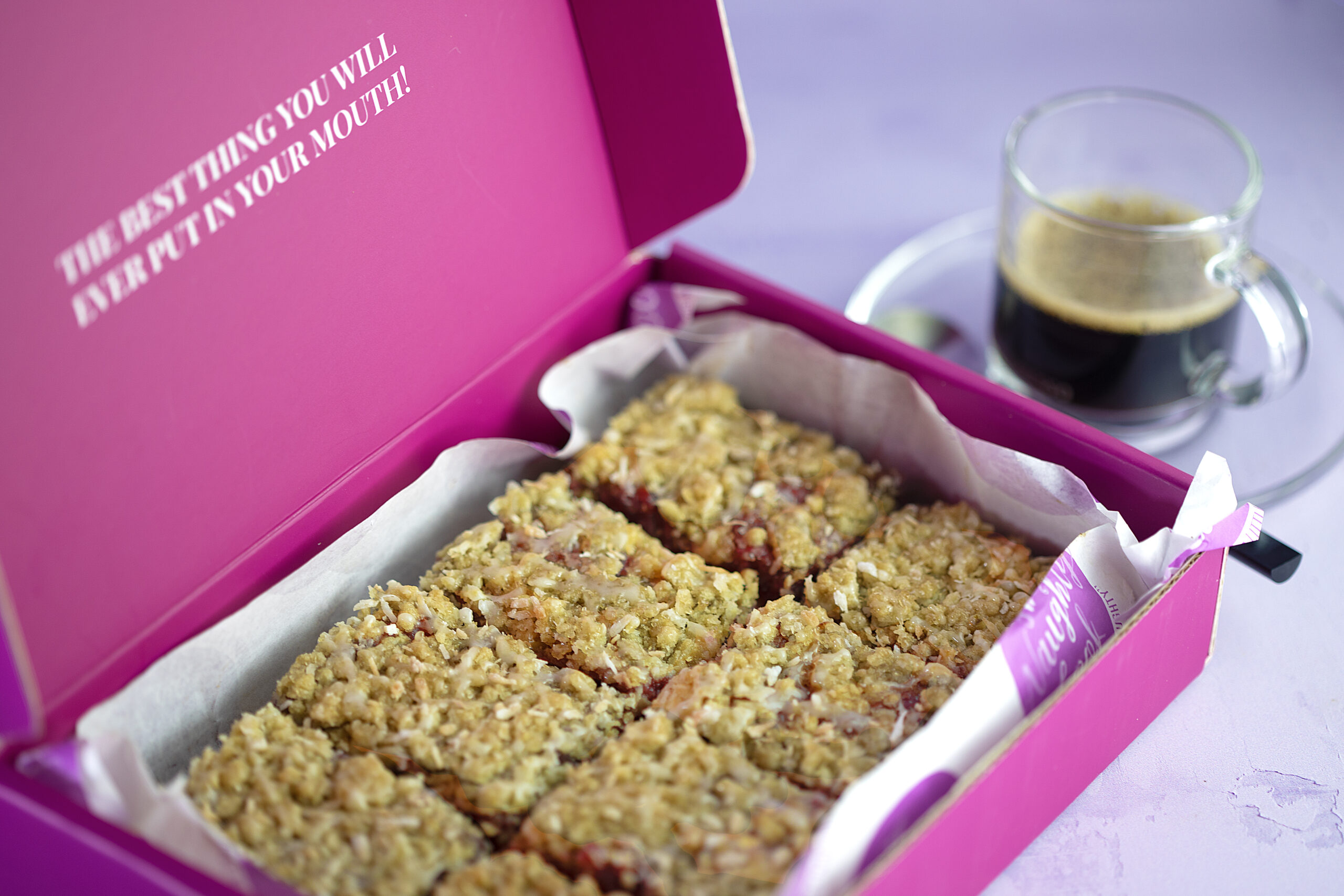 Raspberry and coconut box open