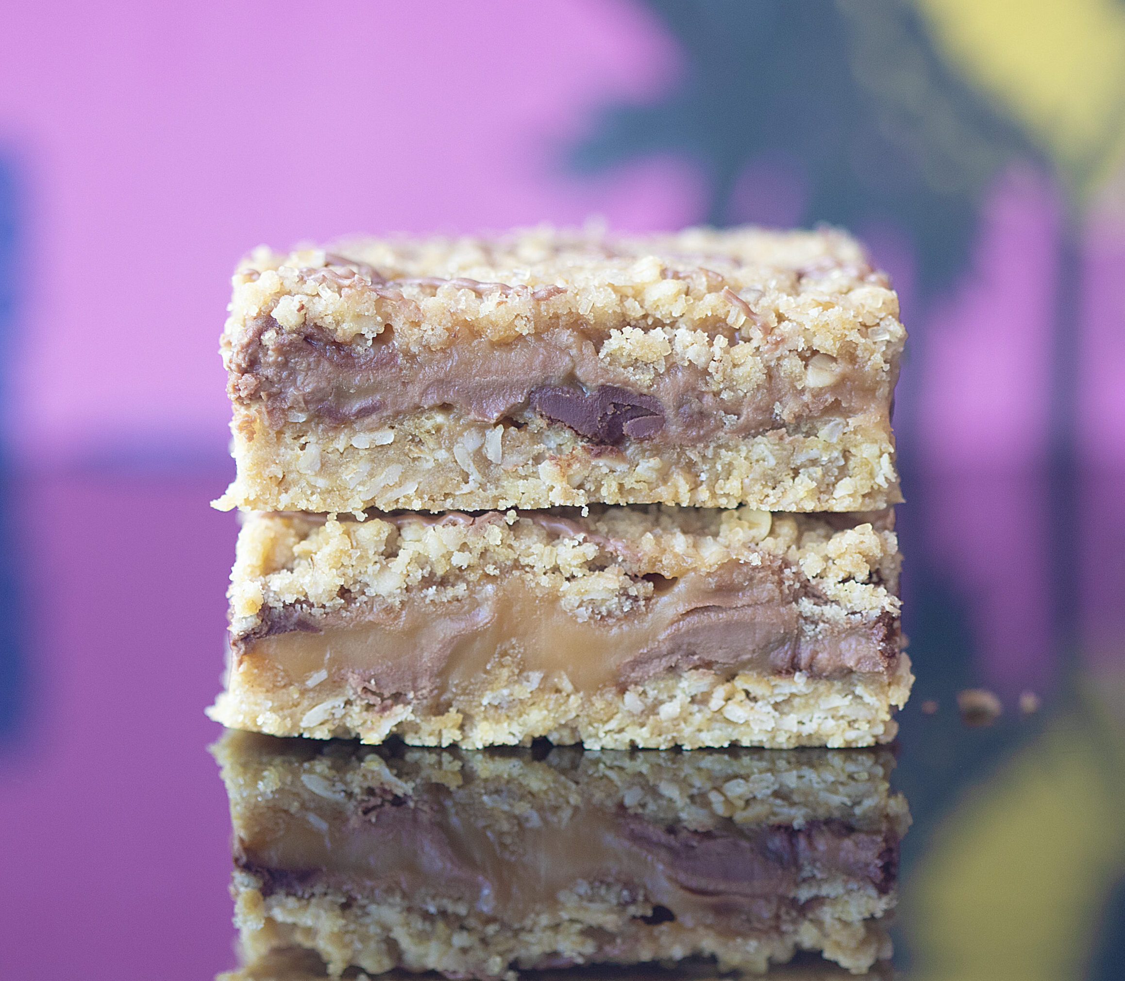 salted caramel crumble on pink background